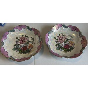Pair Of Trimont Luster ware floral Rose Hand painted Bowls dishes 7.75” vintage